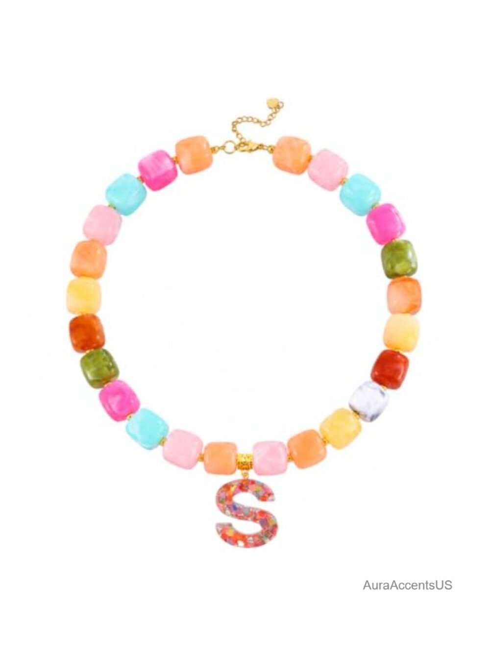 Chunky Resin Beaded Initial Necklace Boho Statement Pendant